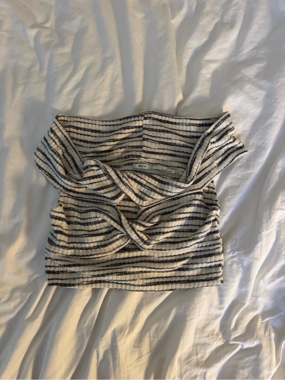 Kimchi Blue White and Navy Striped Off-Shoulder Twist Crop Top